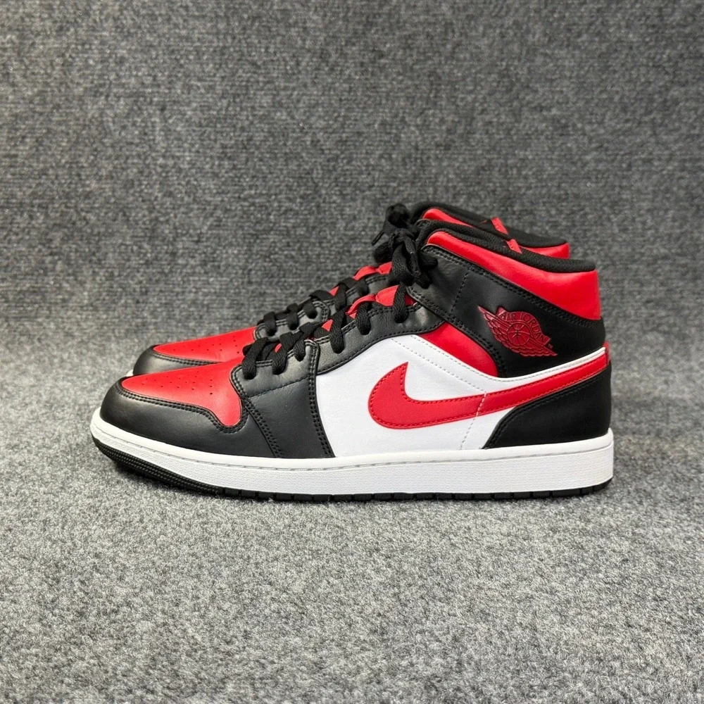Jordan 1 Mid Basketball Shoes Men's 12 White Black Red Retro Athletic Sneakers